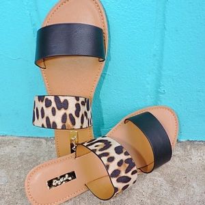 Black & Leopard 2 Strap Slide Sandals 5-10